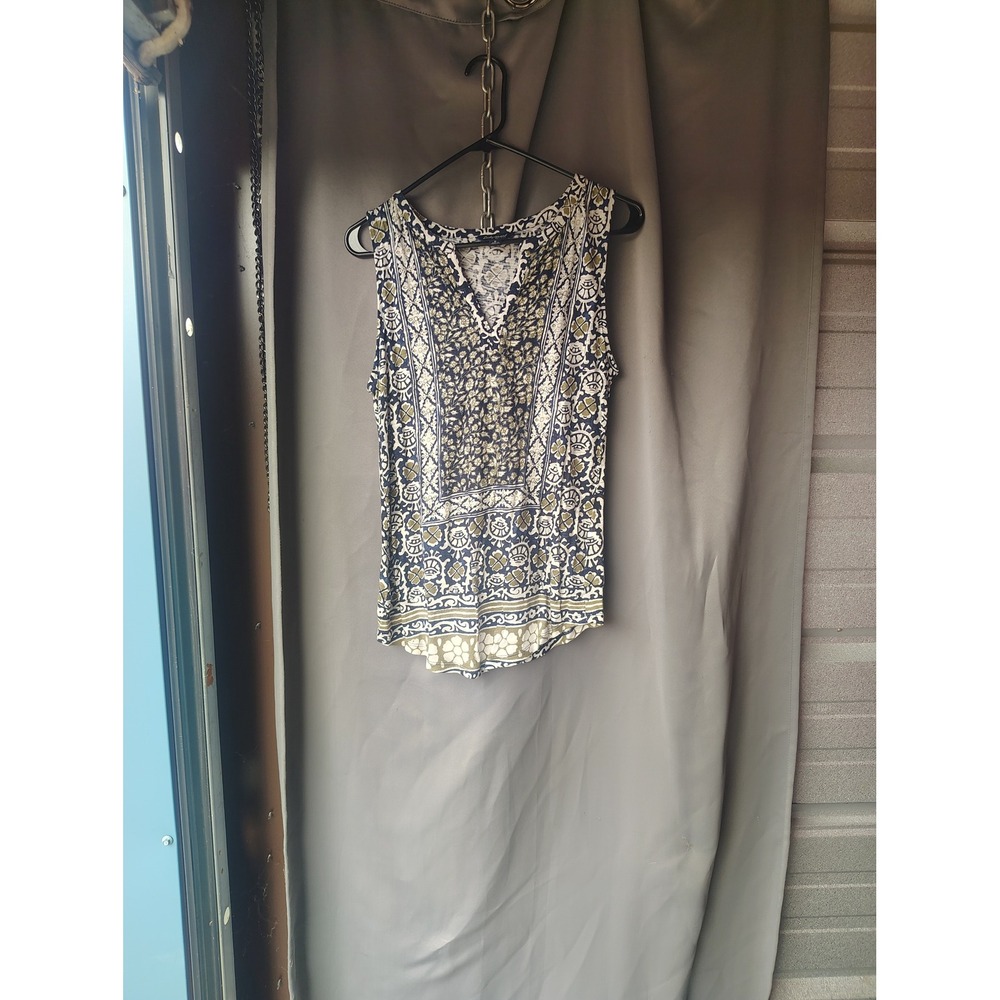 Lucky Brand Womens Boho Block Print Sleeveless V-Neck Tank Top Navy Olive Small